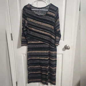 Sami & Jo midi striped 3/4 sleeve stretch textured mosaic dress woman size large